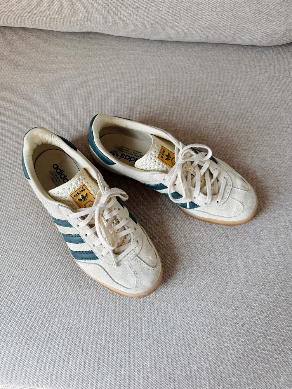 adidas Gazelle Indoor Cream Suede Sneakers with Dark Green Stripes
